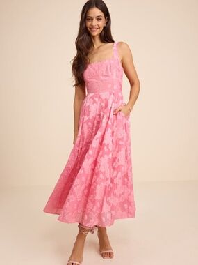 Lulus Loira Pink Burnout Jacquard Lace-up Midi Dress - Size M